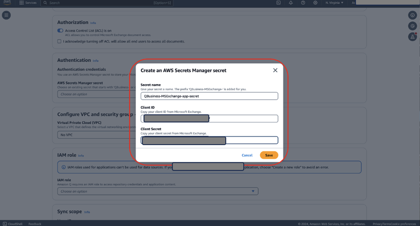 AWS Secrets Manager modal for creating new secret credentials